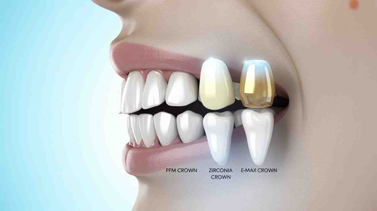 A digital illustration showing three dental crowns side-by-side – PFM crown, Zirconia crown, and E-max crown with realistic teeth visuals for comparison